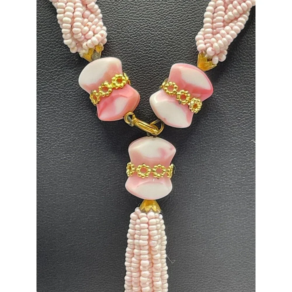 VTG Pink Seed Bead Milk‎ Glass Multi Strand Braided Tassel Necklace Earring Set